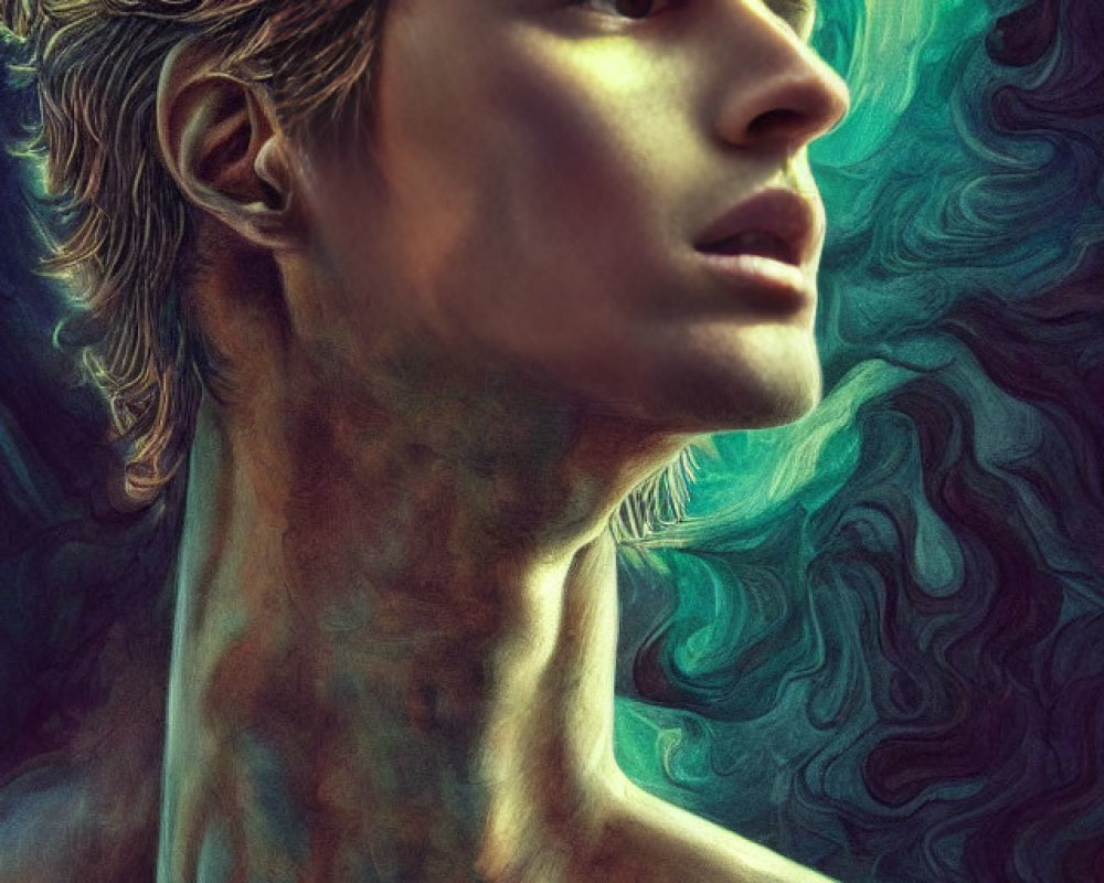 Male figure with chiseled profile in Van Gogh-style digital painting