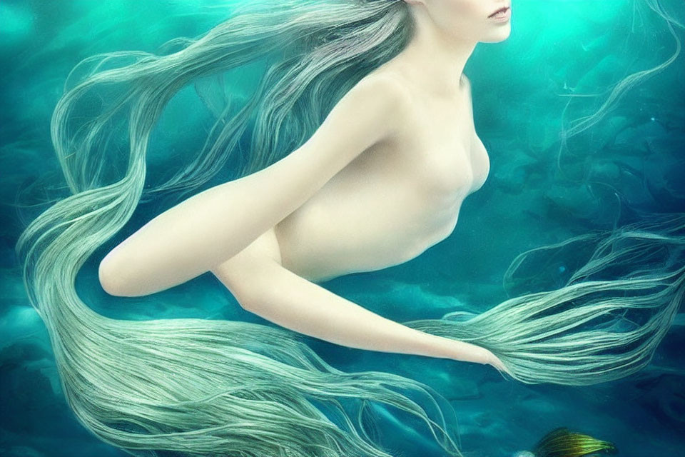 Ethereal underwater scene with serene mermaid and flowing hair