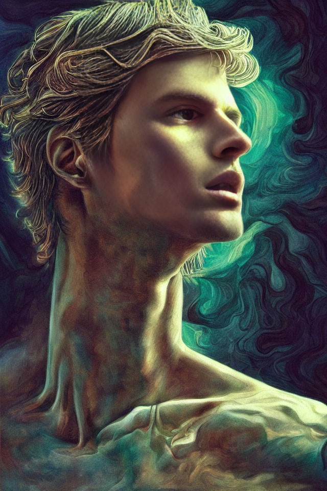 Male figure with chiseled profile in Van Gogh-style digital painting