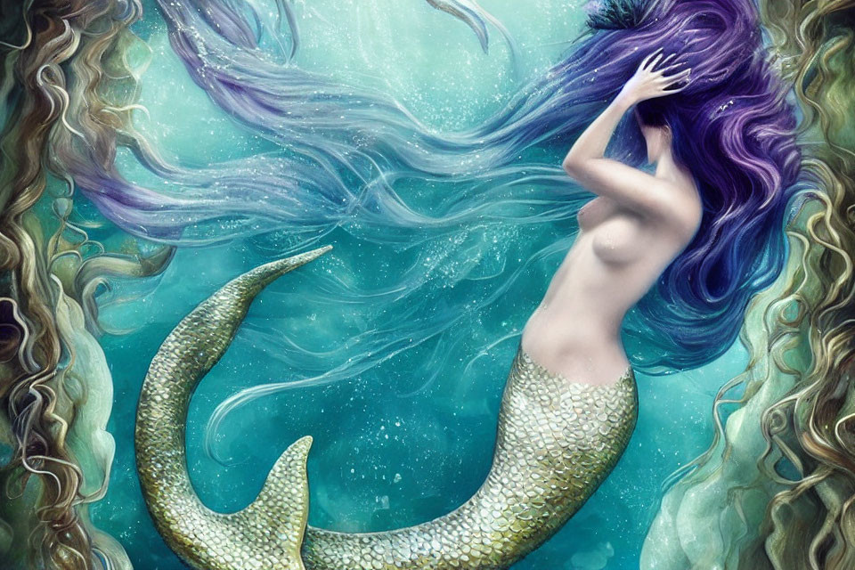 Mermaid with Green Tail and Purple Hair Submerged in Water