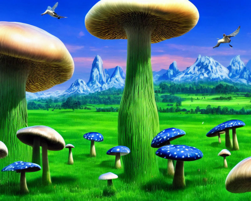 Fantastical landscape with oversized mushrooms, rolling hills, birds, and mountains.