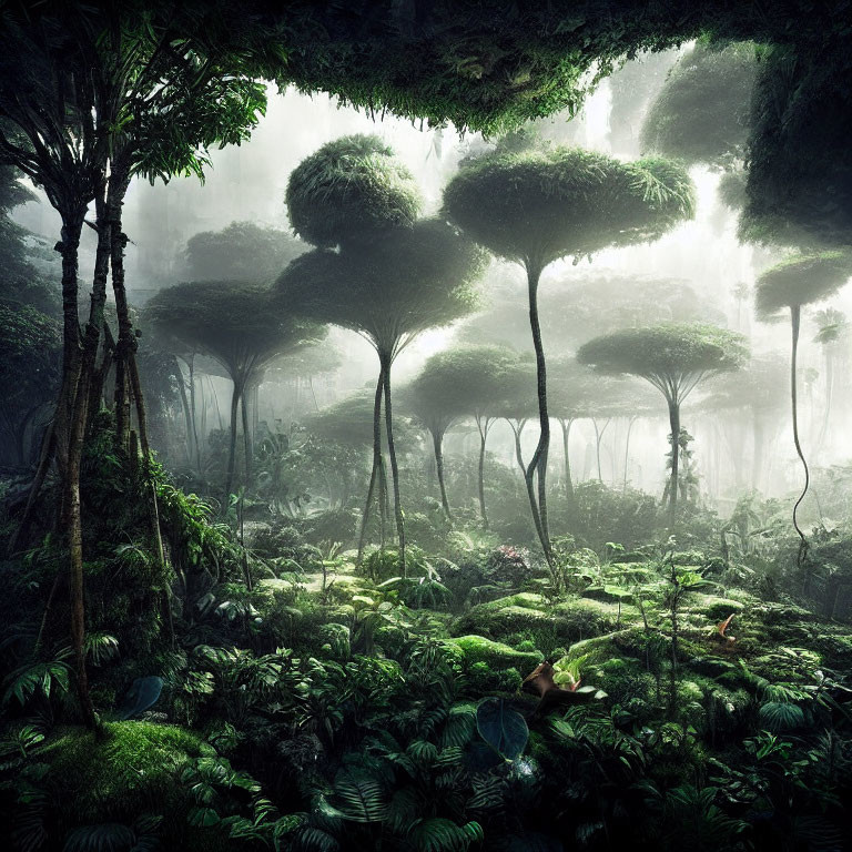 Misty forest with mushroom-shaped trees and soft light