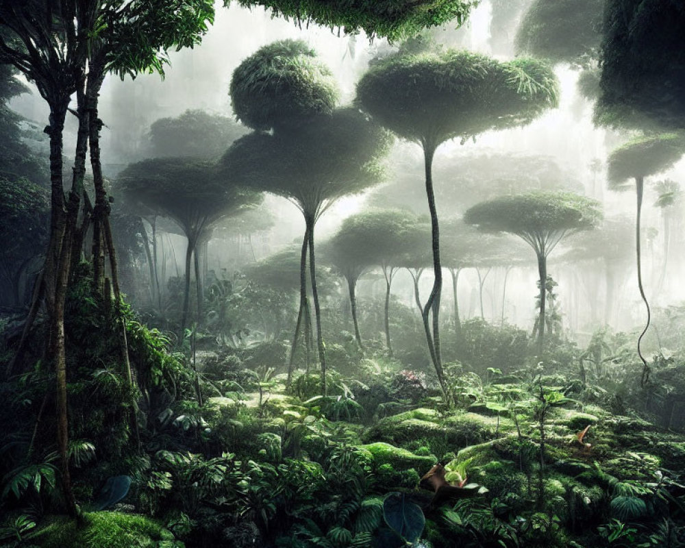 Misty forest with mushroom-shaped trees and soft light