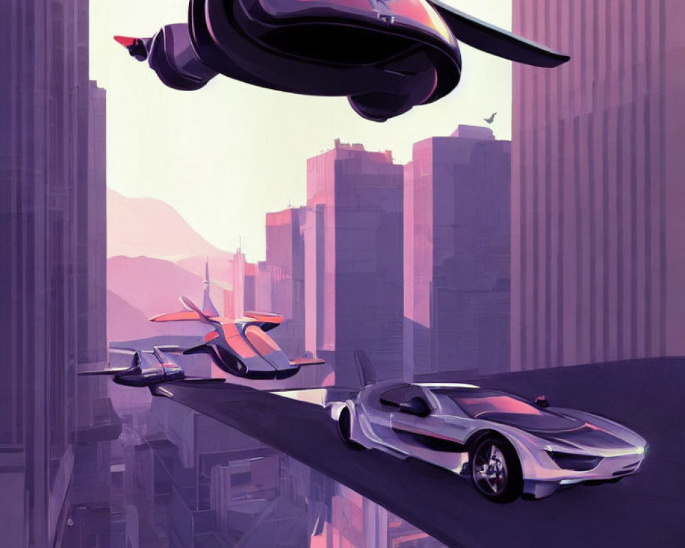 Futuristic flying cars over city skyline at sunset
