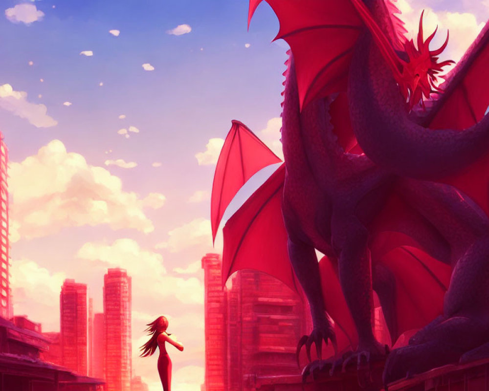 Person faces red dragon in sunset-lit cityscape
