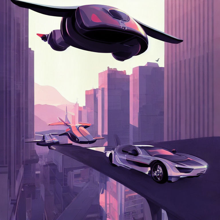 Futuristic flying cars over city skyline at sunset