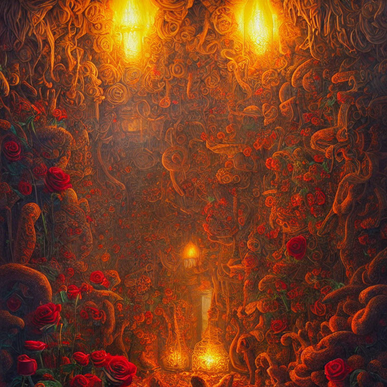 Vividly colored forest with swirling patterns, red roses, and glowing lanterns