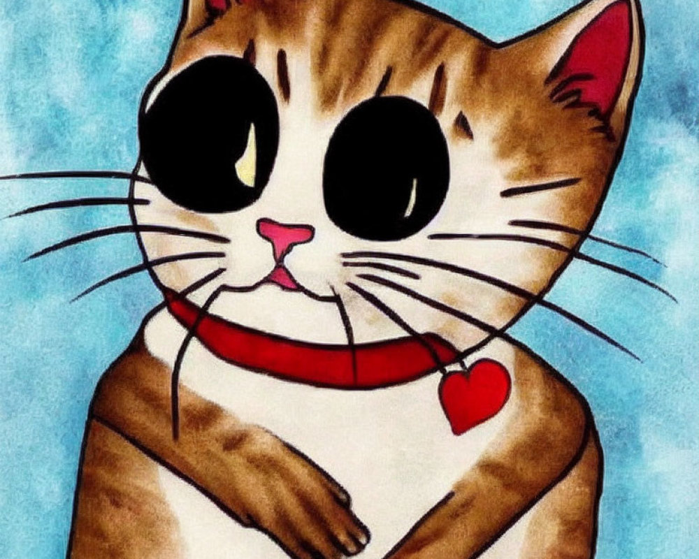 Brown and White Cat Cartoon with Big Black Eyes and Red Collar
