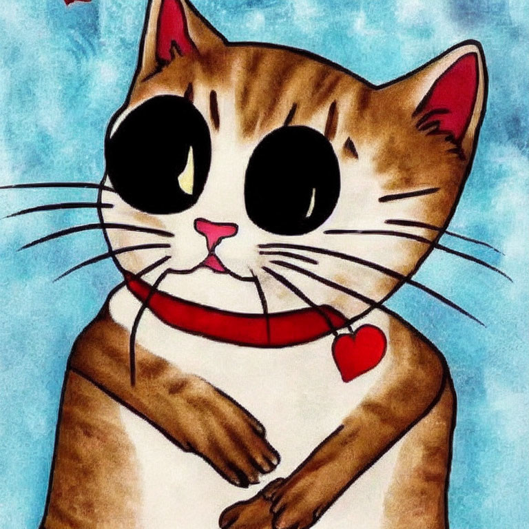 Brown and White Cat Cartoon with Big Black Eyes and Red Collar