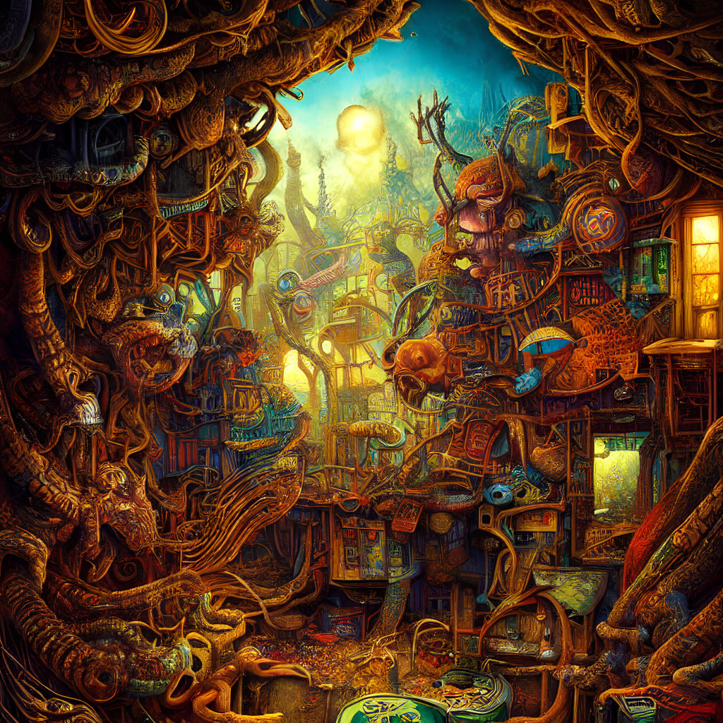 Colorful creatures and steampunk elements in a whimsical, glowing scene