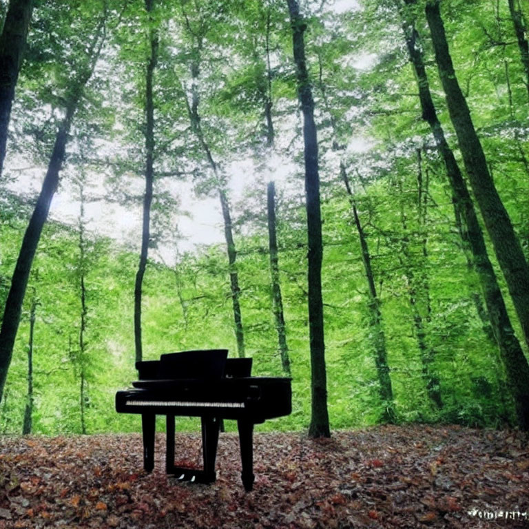 Tranquil Forest Scene with Black Grand Piano amid Trees