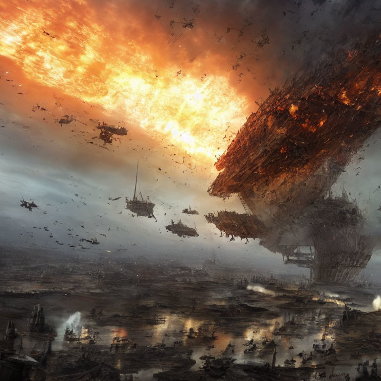 Dystopian landscape with flaming objects, fleeing ships, and devastation