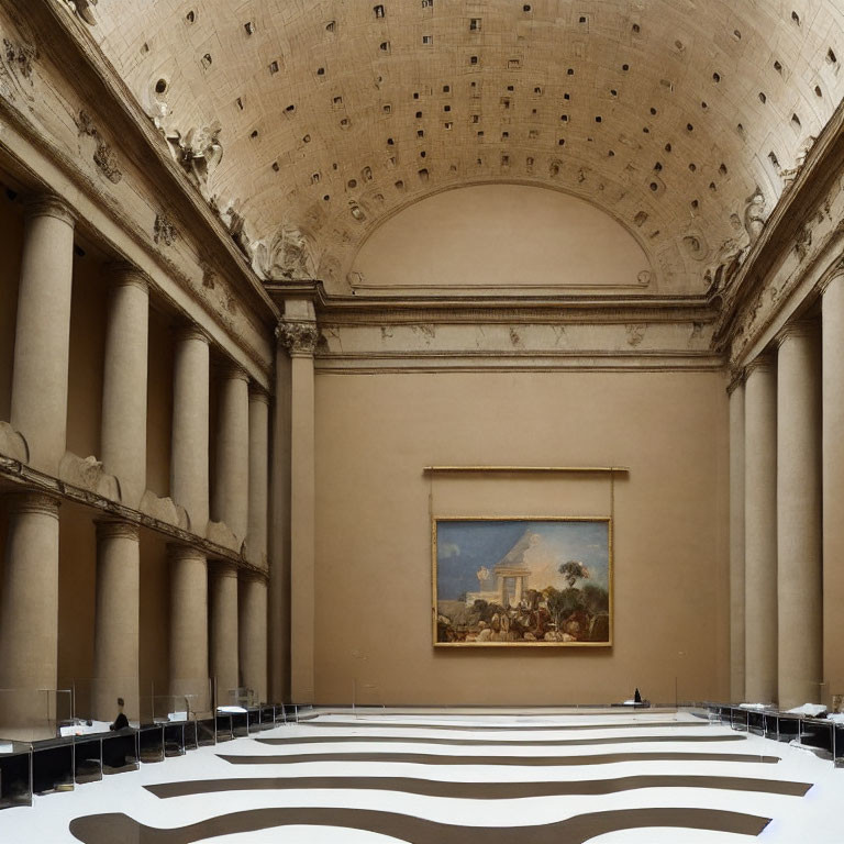 Spacious art gallery with classic painting and grand architecture