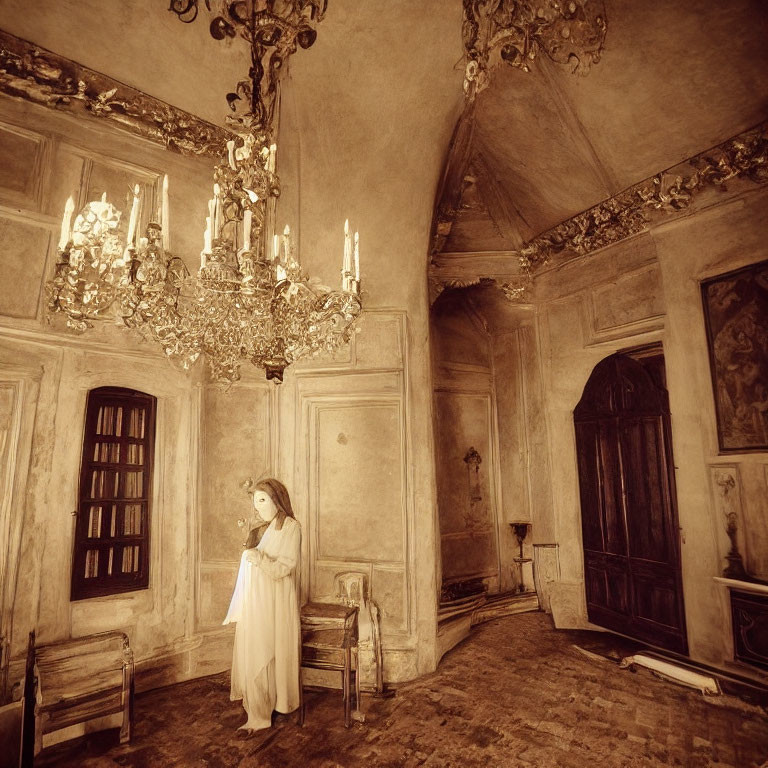 Vintage Room with Girl in White Dress and Chandeliers