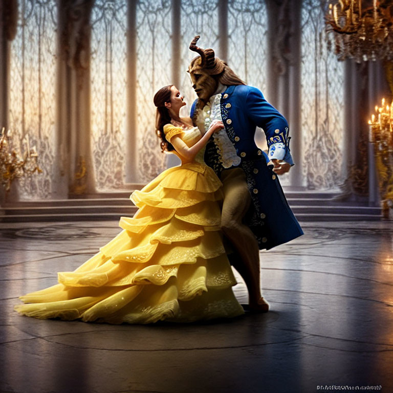 Woman in yellow dress dances with beast in blue coat in elegant ballroom