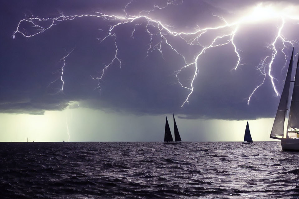 Stormy Night Seascape with Sailboats and Lightning