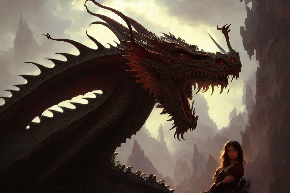 Confident person faces detailed dragon in mountainous landscape