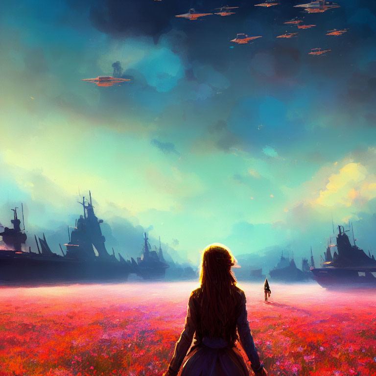 Person in vibrant flower field observing figure with ships in sky