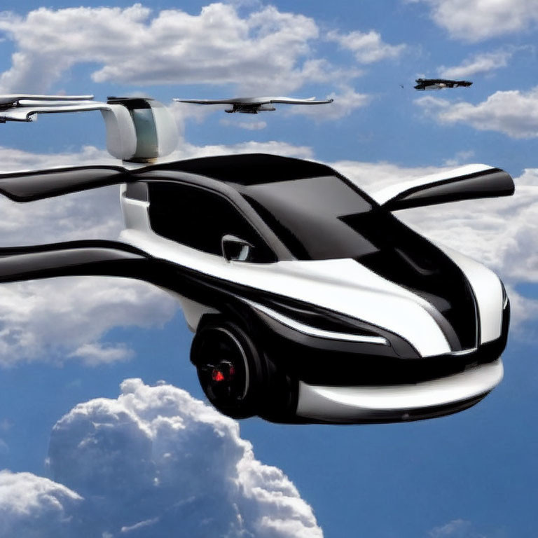 Futuristic flying car with propellers and drones in blue sky