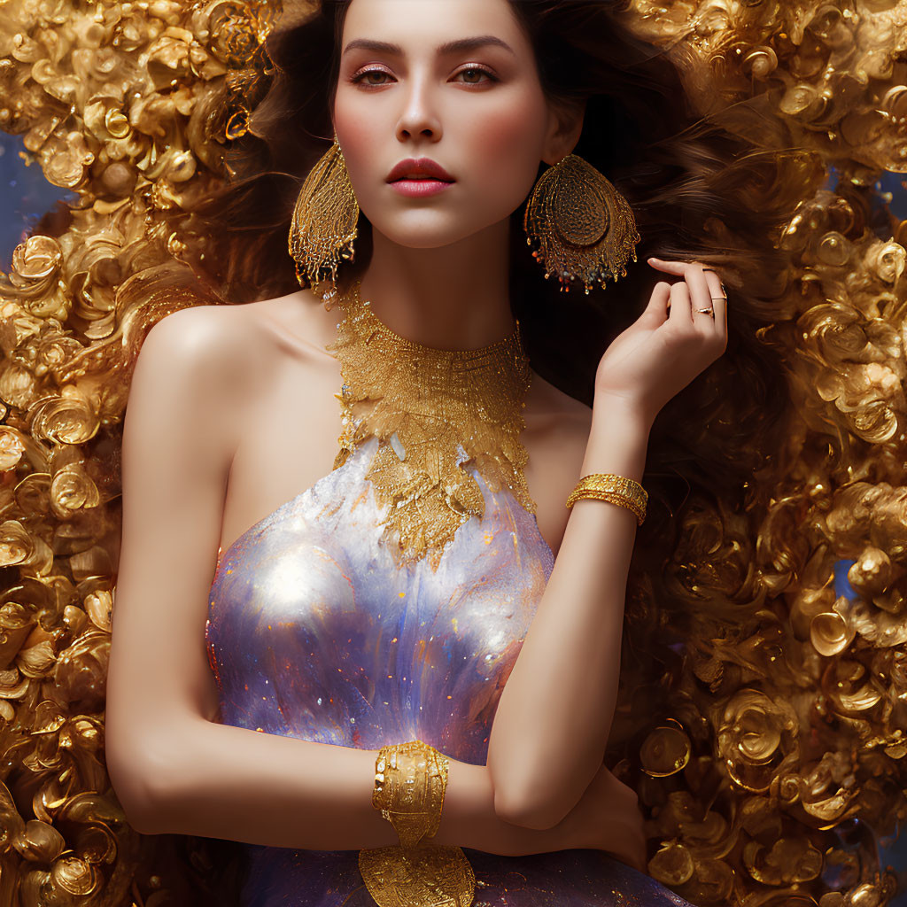 Woman in Gold Jewelry Poses Against Shimmering Swirls
