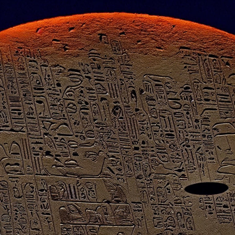 Ancient Egyptian hieroglyphic engraving with partial view of orange-toned round object
