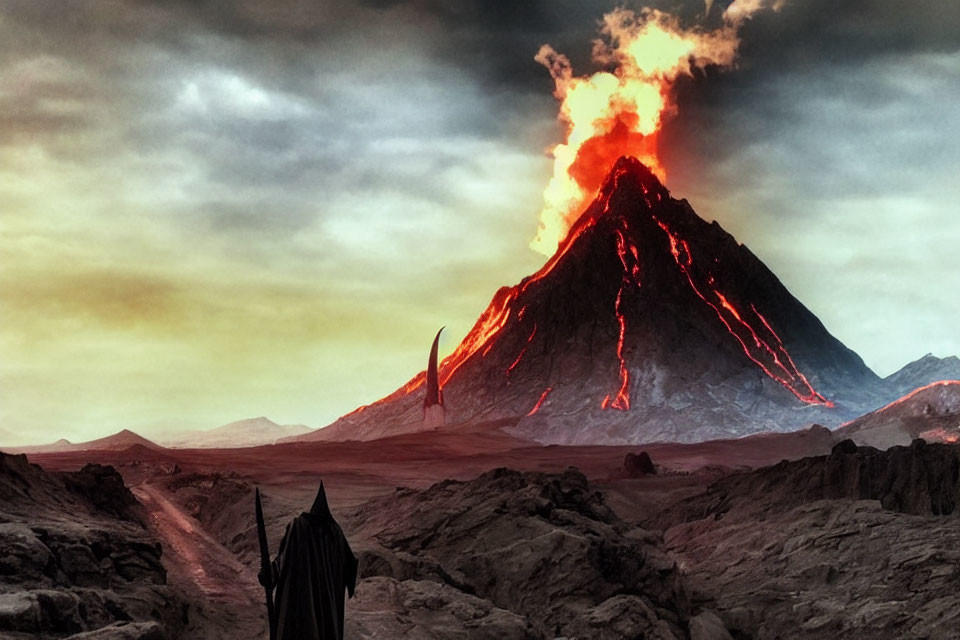 Cloaked figure in front of erupting volcano in desolate landscape
