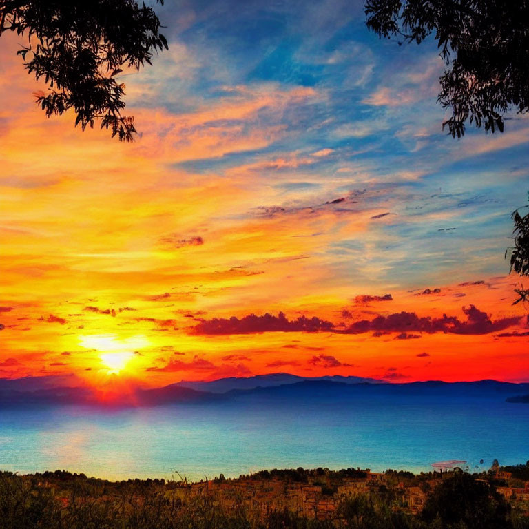 Colorful sunset over calm sea with tree silhouettes and distant mountains