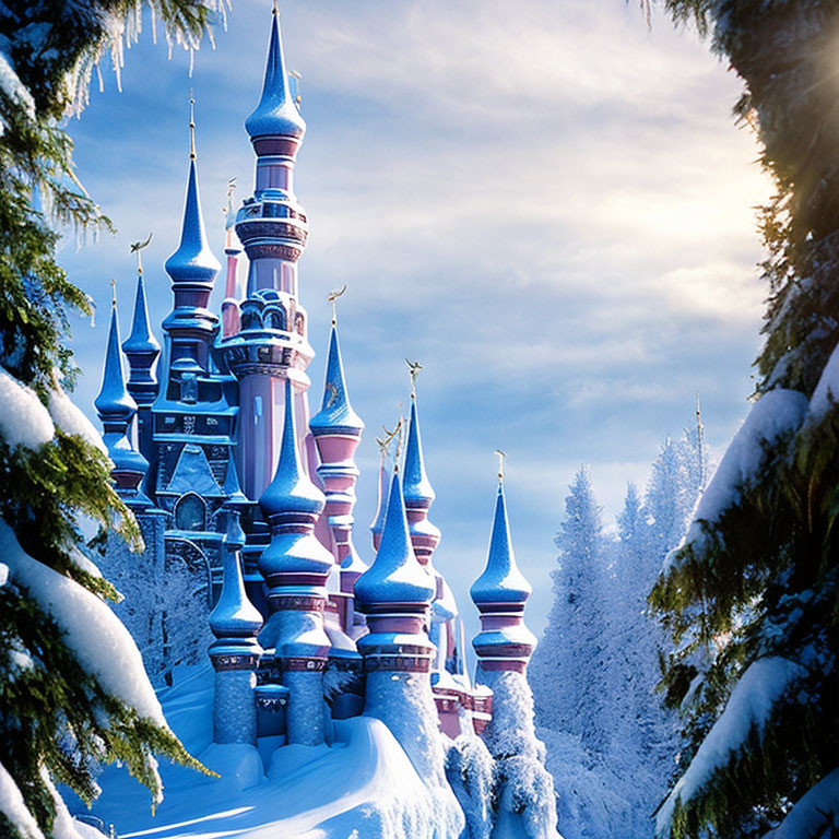 Snowy fairytale castle with blue and pink spires in pine tree landscape