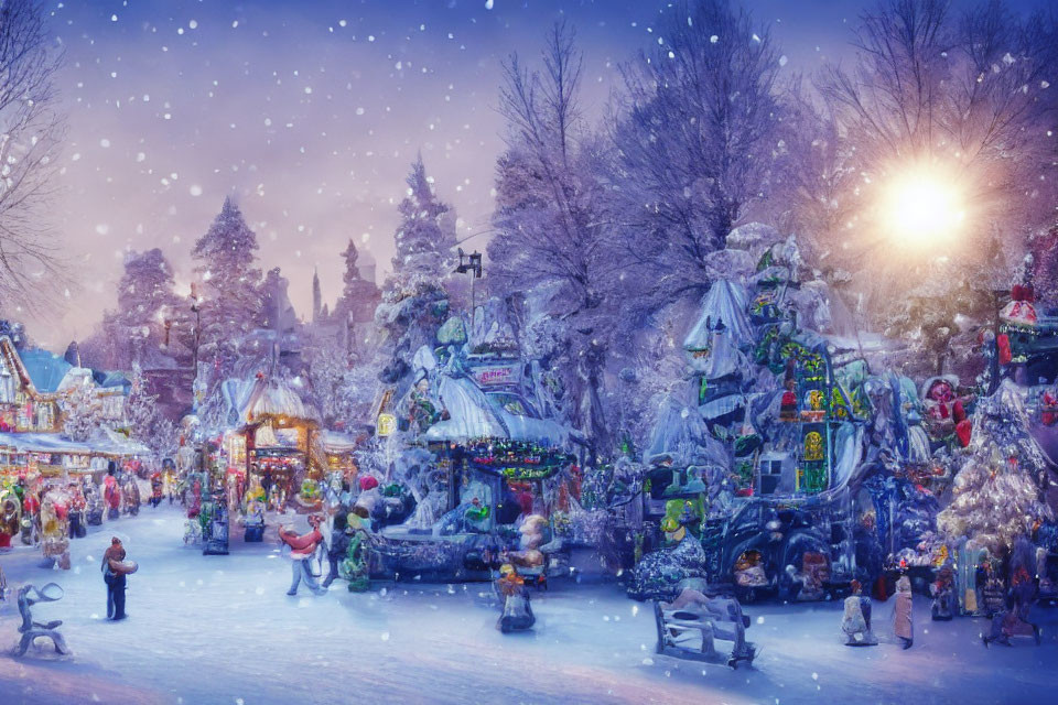Vibrant winter scene at snow-covered Christmas market