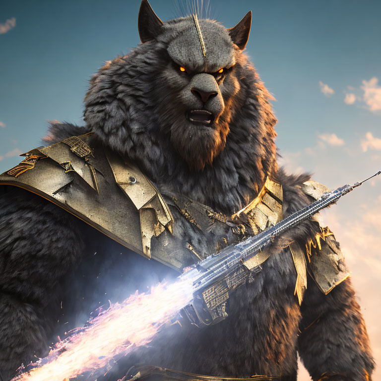 Anthropomorphic feline warrior with blazing sword under dramatic sky