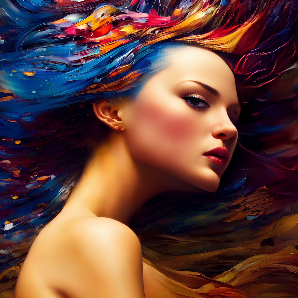 Colorful portrait of a woman with vibrant blue and red hair swirls