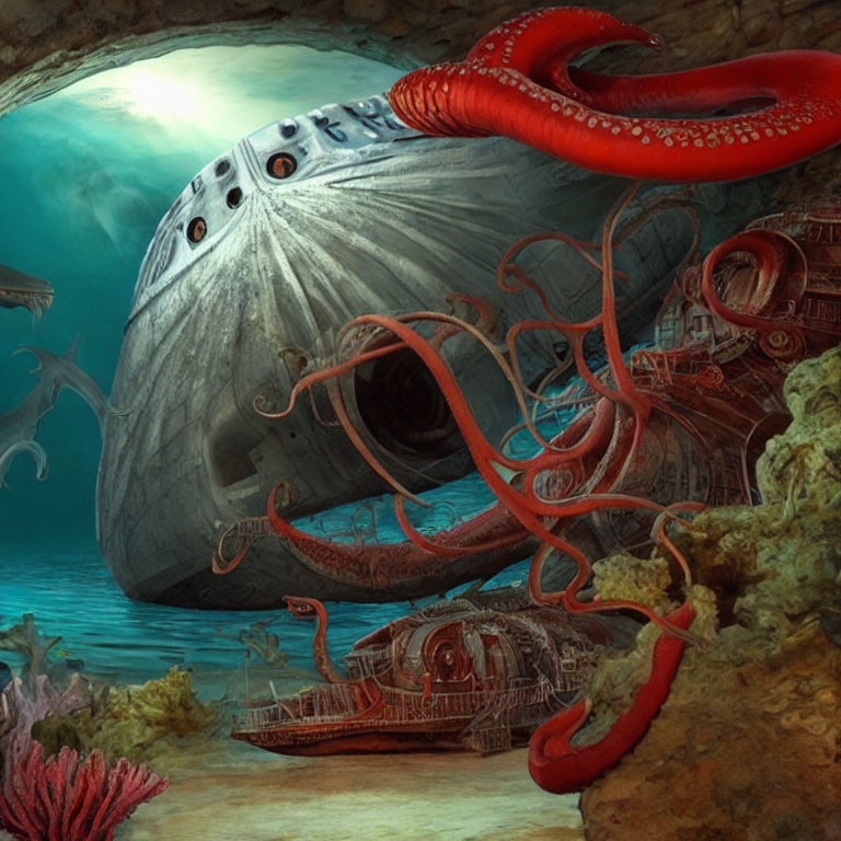 Sunken spaceship entangled by red octopus in underwater scene