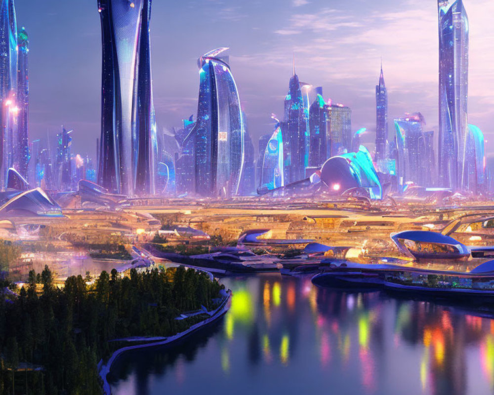 Futuristic twilight cityscape with sleek skyscrapers and river reflection
