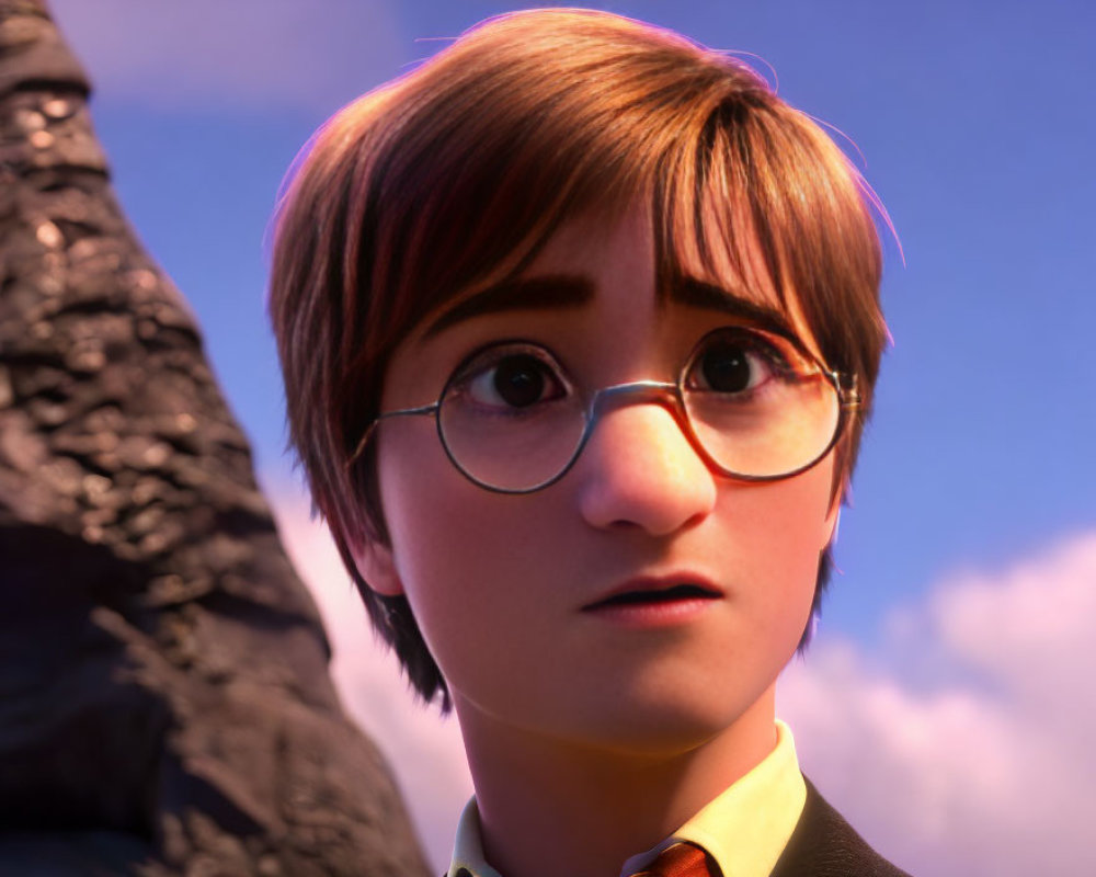 Young animated boy with glasses and serious expression outdoors