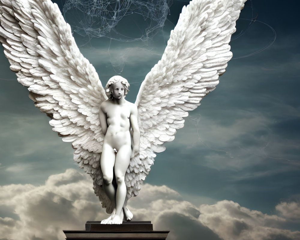 Detailed angel statue with large wings on pedestal under cloudy sky
