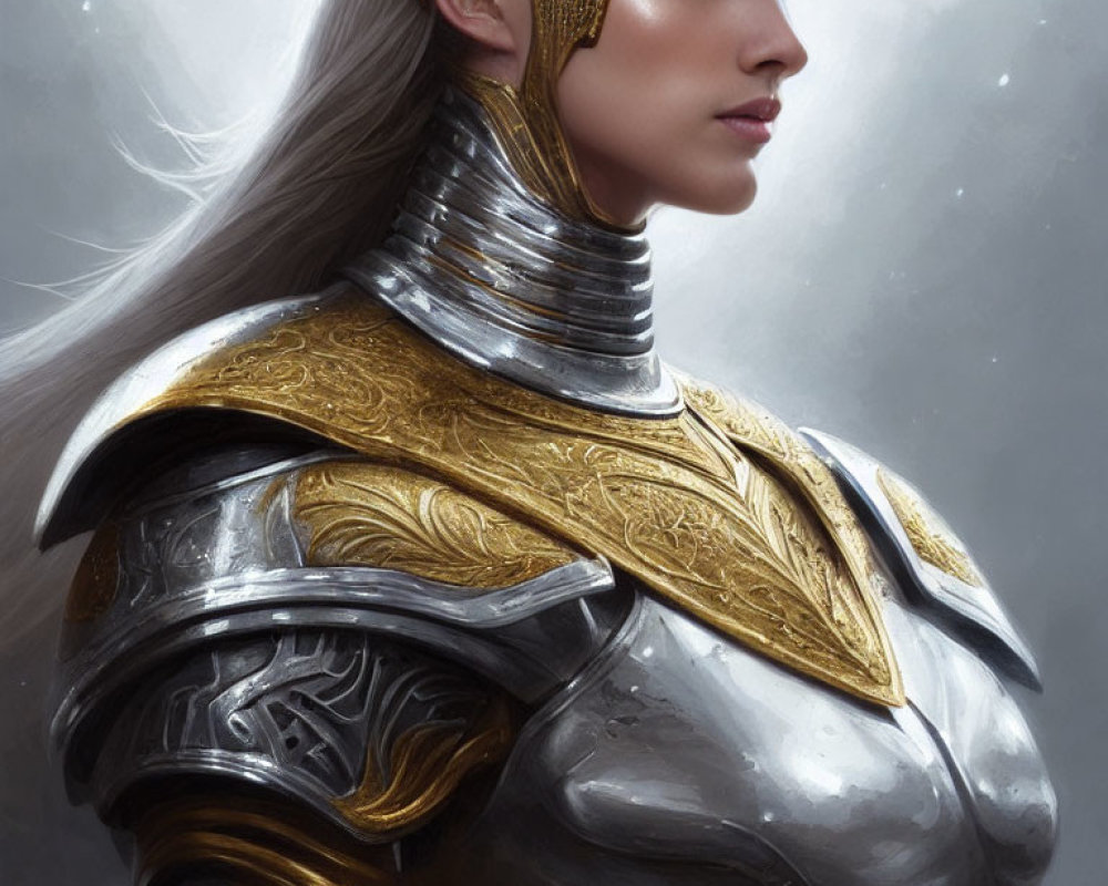 Female warrior in ornate golden-trimmed armor and helmet on grey backdrop