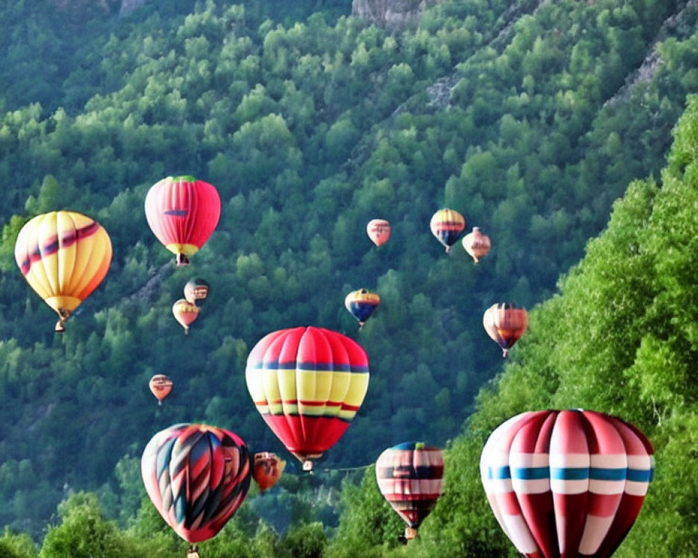 Vibrant hot air balloons soar over green hills and mountains under a pale blue sky