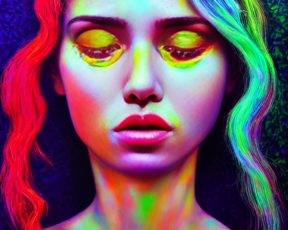 Neon rainbow colors portrait of a woman on dark background