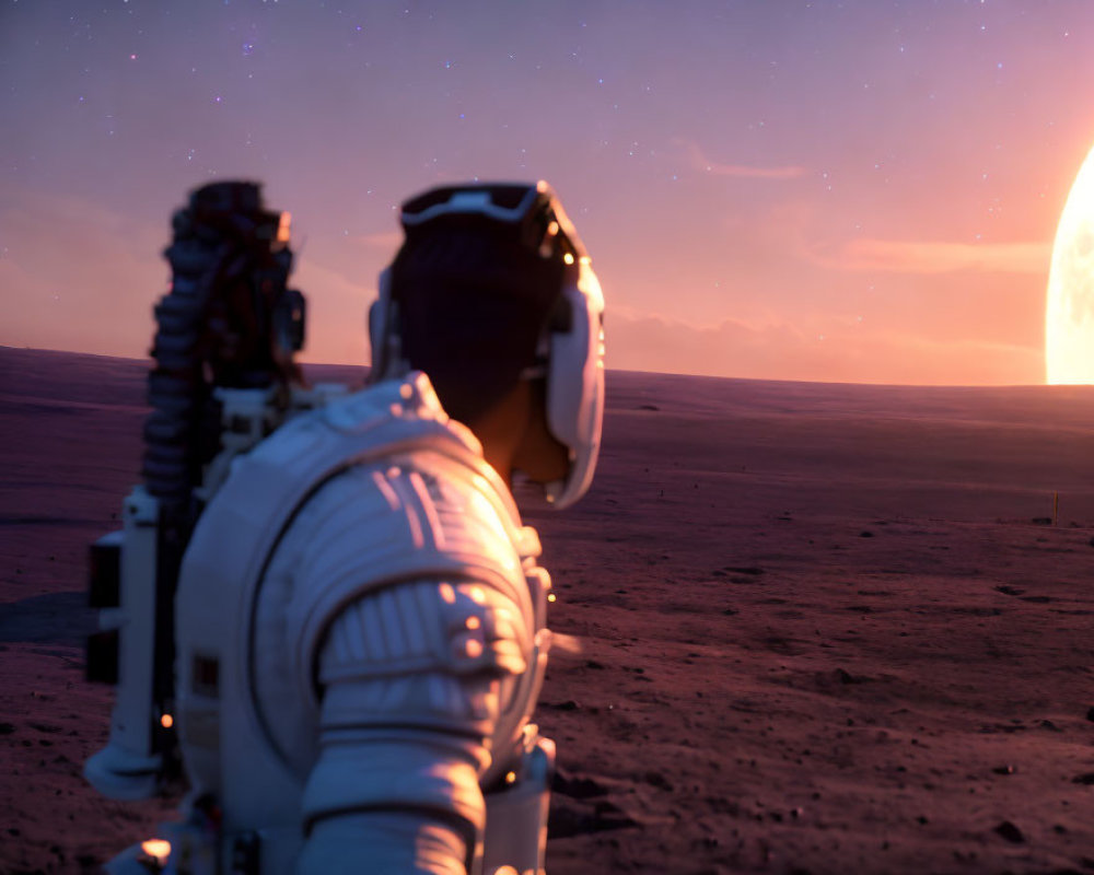 Astronaut in barren desert landscape at sunset or sunrise with bright celestial body.