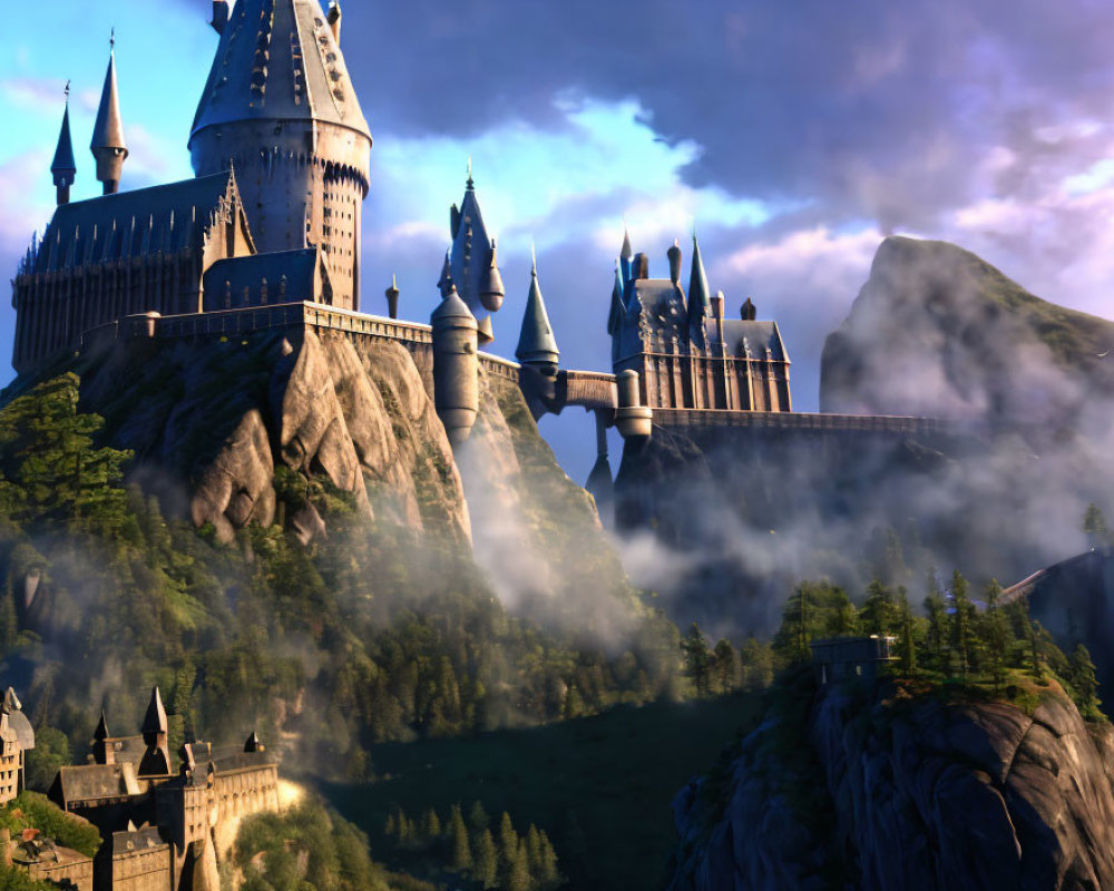 Majestic castle with towers and bridge on cliffs amidst misty mountains