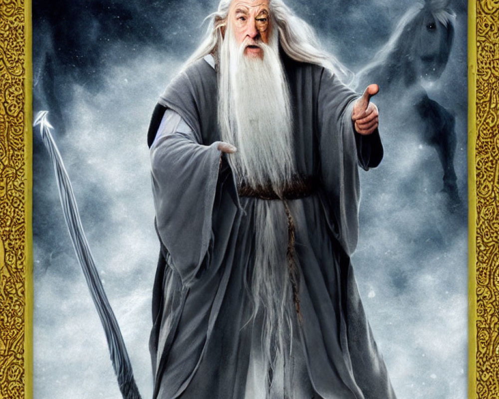 Wizard with long white beard holding staff, with ghostly horse and sword.