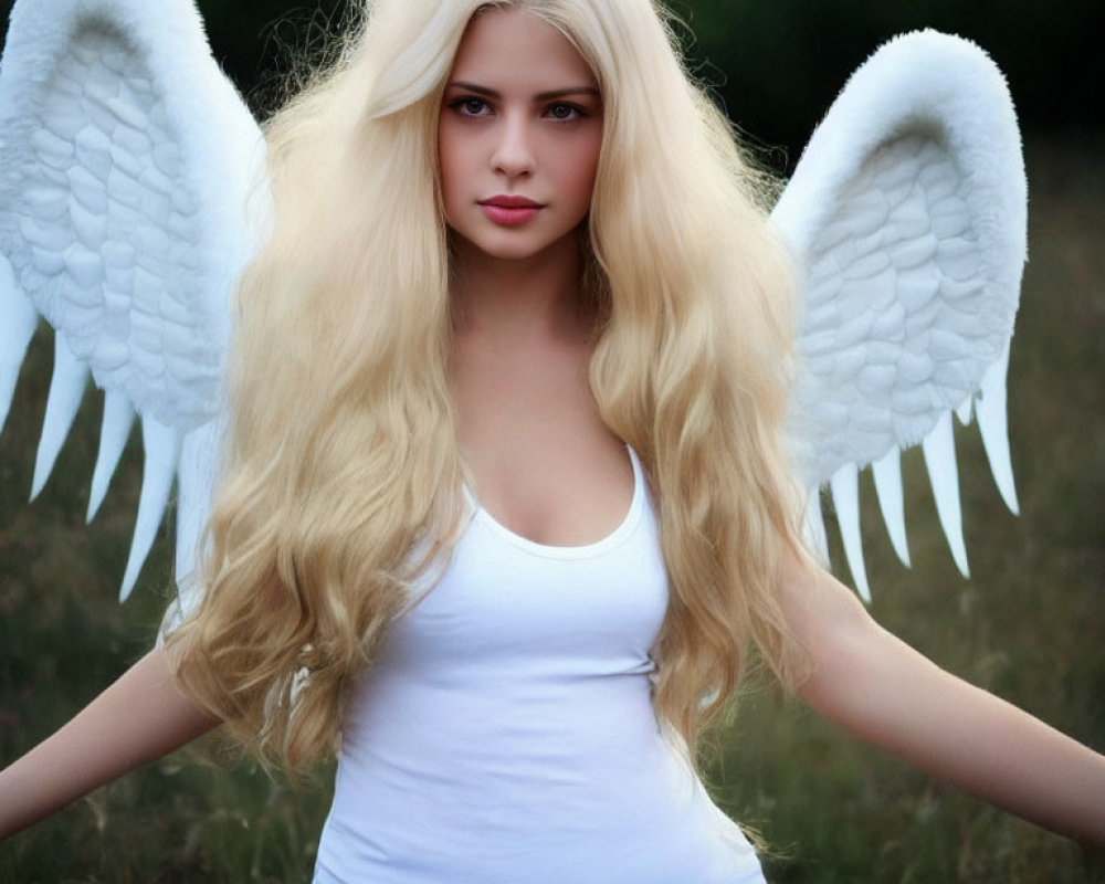 Blonde woman with angel wings in white tank top standing in field