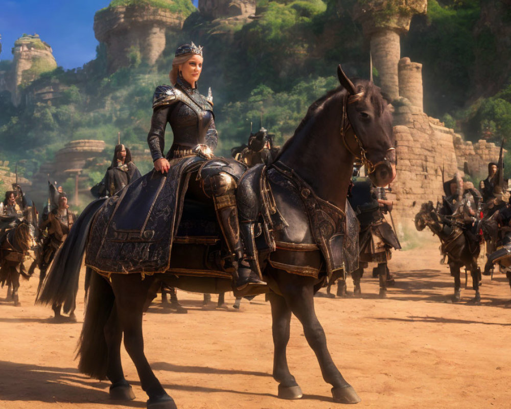 Queen in Black Armor Leading Knights in Sunlit Canyon