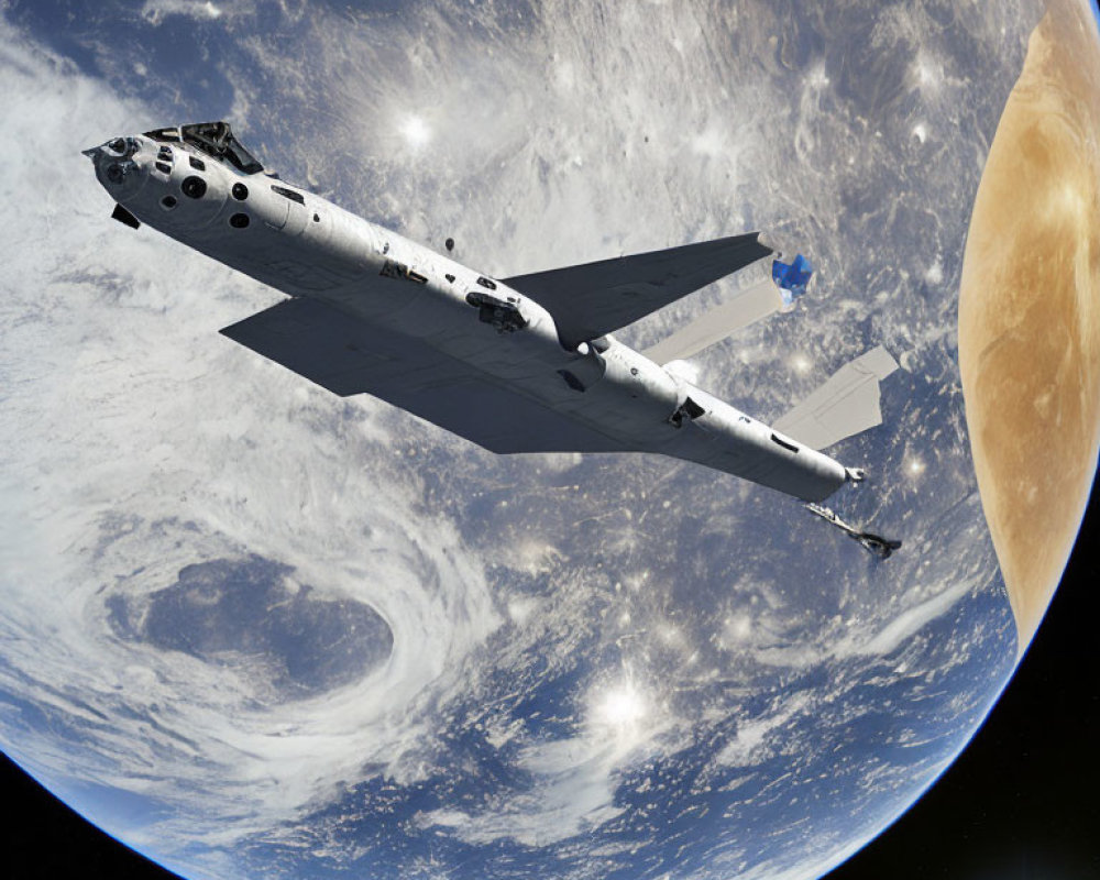 Spaceplane Orbiting Earth with Moon Background: Space Travel Exploration View
