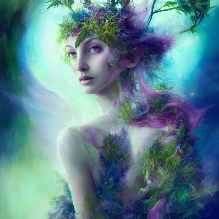 Fantastical portrait of female figure with nature-inspired adornments