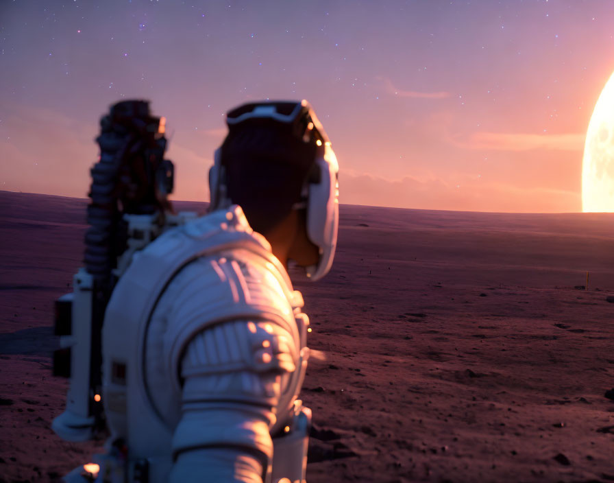 Astronaut in barren desert landscape at sunset or sunrise with bright celestial body.
