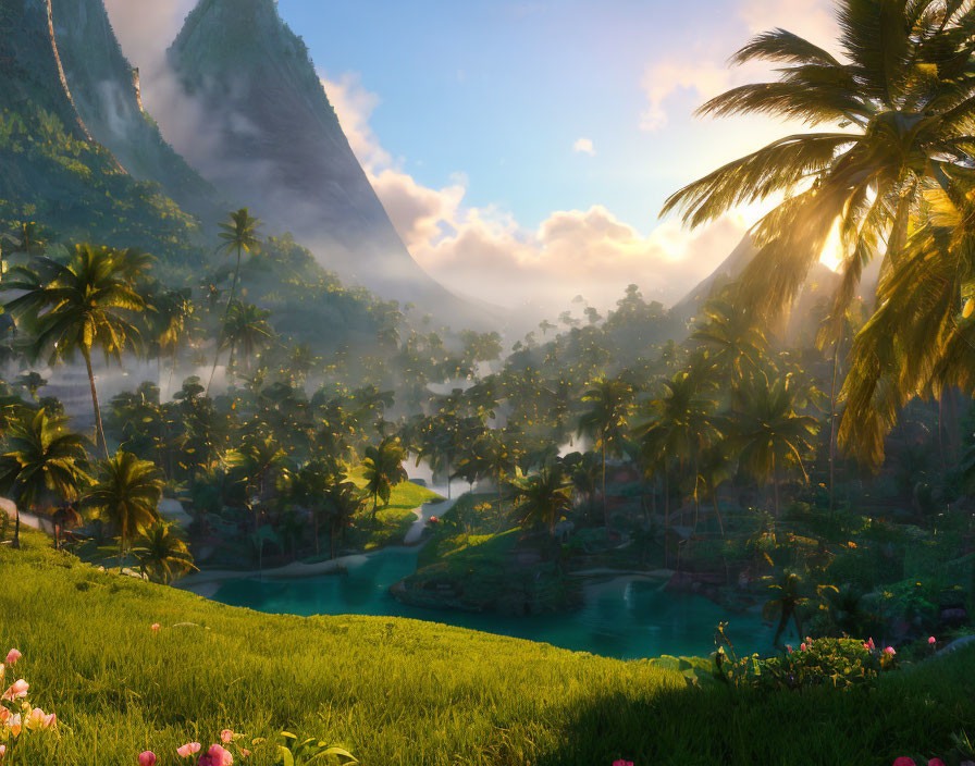 Tropical Valley with Palm Trees, River, and Cliffs at Sunrise