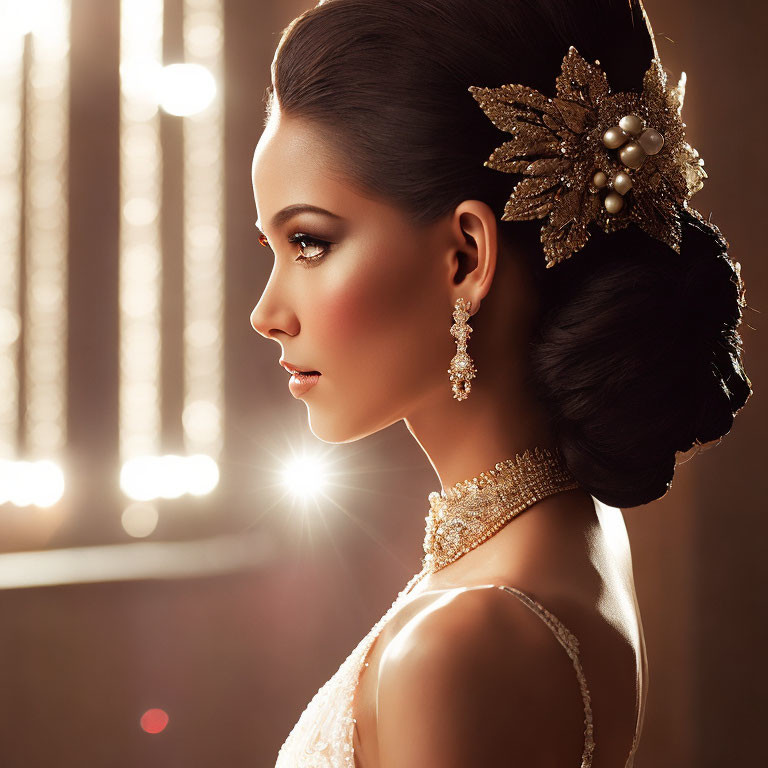 Sophisticated woman with gold hair accessory and sequined dress under warm lighting