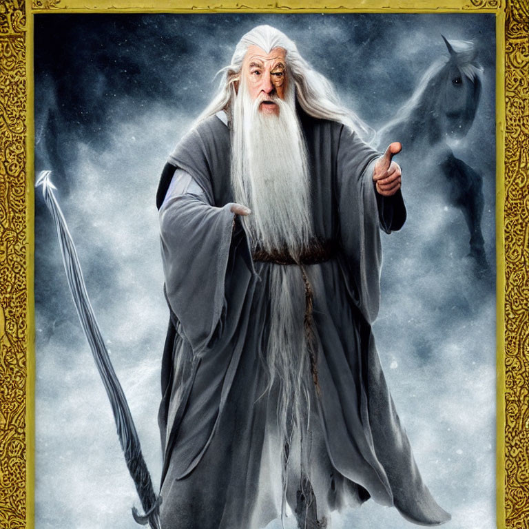 Wizard with long white beard holding staff, with ghostly horse and sword.