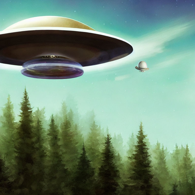 Two UFOs Hovering Above Forest with Green Gradient Sky